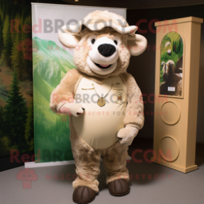 Beige Buffalo mascot costume character dressed with a Henley Shirt and Coin purses