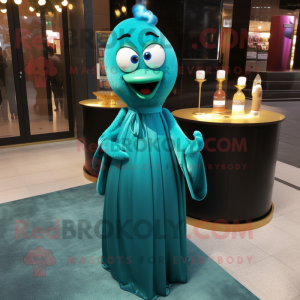 Teal Scented Candle mascot costume character dressed with a Ball Gown and Lapel pins