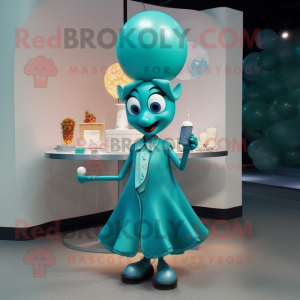 Teal Scented Candle mascot costume character dressed with a Ball Gown and Lapel pins
