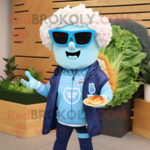 Sky Blue Caesar Salad mascot costume character dressed with a Bomber Jacket and Reading glasses