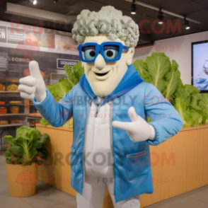 Sky Blue Caesar Salad mascot costume character dressed with a Bomber Jacket and Reading glasses