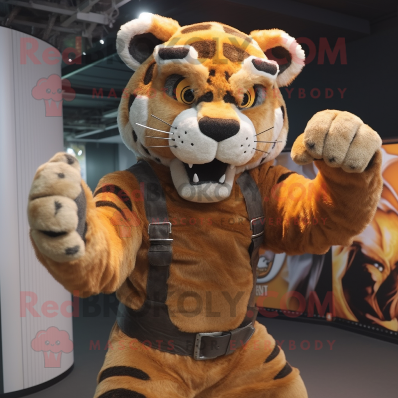 Brown Saber-Toothed Tiger mascot costume character dressed with a Dungarees  and Rings