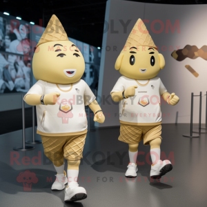 Gold Ice Cream Cone mascot costume character dressed with a Running Shorts and Smartwatches