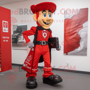 Red Irish Dancer mascot costume character dressed with a Bootcut Jeans and Briefcases