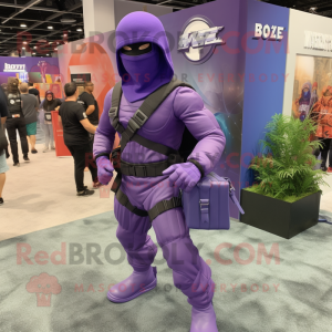 Purple Gi Joe mascot costume character dressed with a Joggers and Handbags