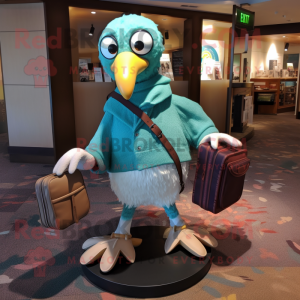 Turquoise Gull mascot costume character dressed with a Sweater and Messenger bags