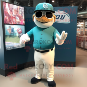 Teal Baseball Glove mascot costume character dressed with a Swimwear and Beanies