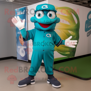 Teal Baseball Glove mascot costume character dressed with a Swimwear and Beanies