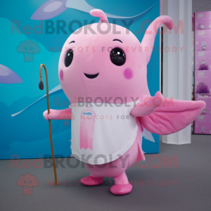 Pink Narwhal mascot costume character dressed with a Culottes and Suspenders