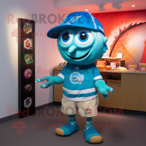 Cyan Fish Tacos mascot costume character dressed with a Rugby Shirt and Beanies