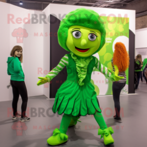 Lime Green Irish Dancer mascot costume character dressed with a Bodysuit and Scarves
