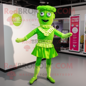 Lime Green Irish Dancer mascot costume character dressed with a Bodysuit and Scarves