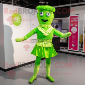 Lime Green Irish Dancer mascot costume character dressed with a Bodysuit and Scarves