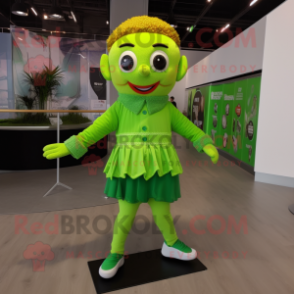 Lime Green Irish Dancer mascot costume character dressed with a Bodysuit and Scarves