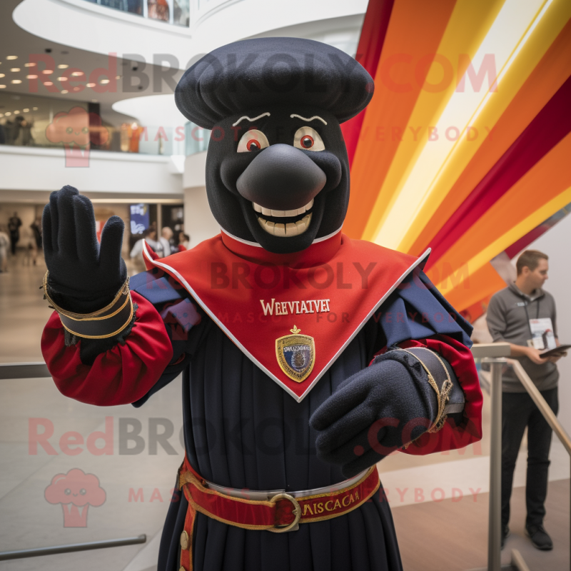 Black Swiss Guard mascot costume character dressed with a V-Neck Tee and Gloves