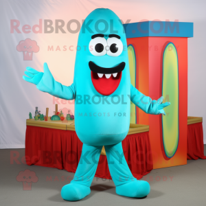 Turquoise Hot Dog mascot costume character dressed with a Capri Pants and Ties