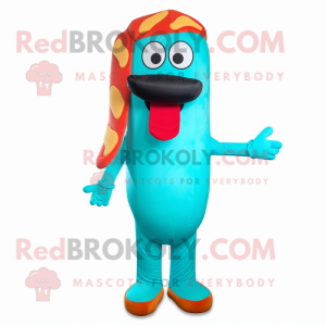 Turquoise Hot Dog mascot costume character dressed with a Capri Pants and Ties