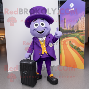 Lavender Paella mascot costume character dressed with a Suit and Wallets