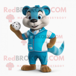 Cyan Mongoose mascot costume character dressed with a Rugby Shirt and Pocket squares