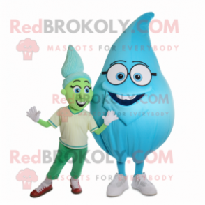 Cyan Onion mascot costume character dressed with a Mom Jeans and Shoe clips