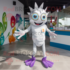 Silver Ceviche mascot costume character dressed with a One-Piece Swimsuit and Gloves