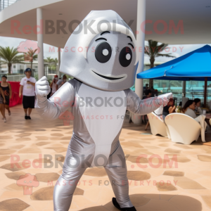 Silver Ceviche mascot costume character dressed with a One-Piece Swimsuit and Gloves