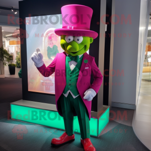 Magenta Leprechaun Hat mascot costume character dressed with a Suit Pants and Caps