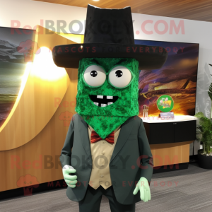 Forest Green Nachos mascot costume character dressed with a Suit Jacket and Hat pins