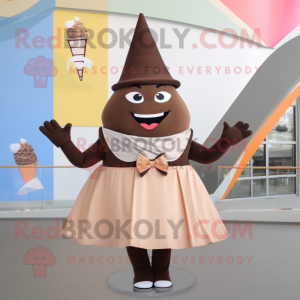 Brown Ice Cream Cone mascot costume character dressed with a A-Line Skirt and Suspenders