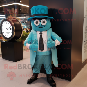 Turquoise Attorney mascot costume character dressed with a Waistcoat and Digital watches