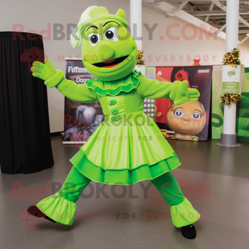 Lime Green Irish Dancer mascot costume character dressed with a Turtleneck and Scarves
