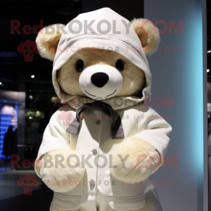 Cream Teddy Bear mascot costume character dressed with a Hoodie and Bow ties
