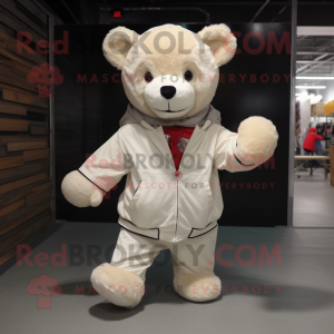 Cream Teddy Bear mascot costume character dressed with a Hoodie and Bow ties