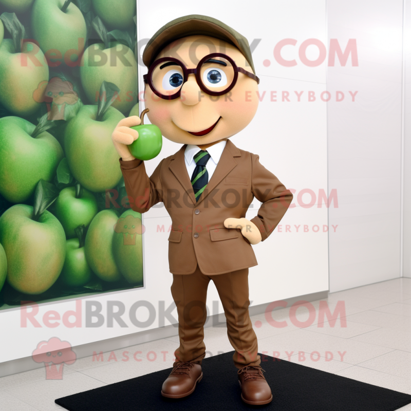 Tan Apple mascot costume character dressed with a Suit Jacket and Reading glasses