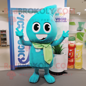 Turquoise Miso Soup mascot costume character dressed with a V-Neck Tee and Earrings