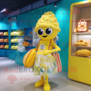 Yellow Dim Sum mascot costume character dressed with a One-Piece Swimsuit and Tote bags