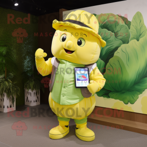 Yellow Cabbage mascot costume character dressed with a Cargo Shorts and Digital watches