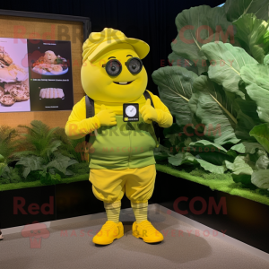 Yellow Cabbage mascot costume character dressed with a Cargo Shorts and Digital watches