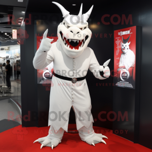 White Devil mascot costume character dressed with a Parka and Tie pins