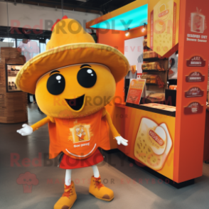 Orange Tacos mascot costume character dressed with a Henley Tee and Coin purses