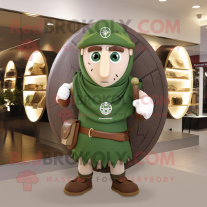 Olive Celtic Shield mascot costume character dressed with a Waistcoat and Handbags