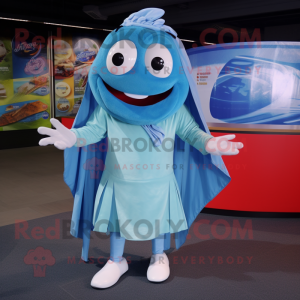 Sky Blue Ceviche mascot costume character dressed with a Wrap Skirt and Belts