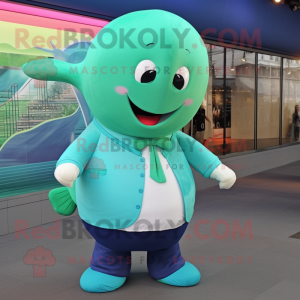 Green Blue Whale mascot costume character dressed with a Polo Shirt and Suspenders