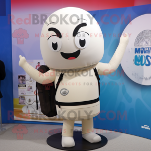 White Miso Soup mascot costume character dressed with a Yoga Pants and Backpacks