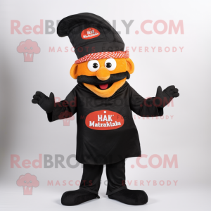 Black Tikka Masala mascot costume character dressed with a Graphic Tee and Hat pins
