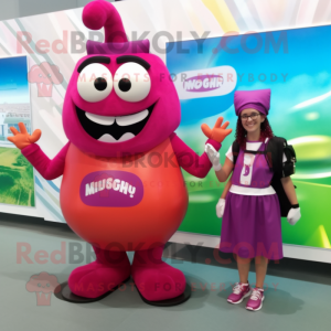 Magenta Burgers mascot costume character dressed with a Maxi Skirt and Backpacks