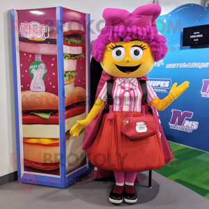 Magenta Burgers mascot costume character dressed with a Maxi Skirt and Backpacks