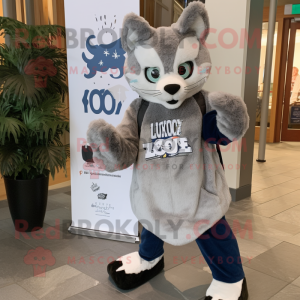 Silver Lynx mascot costume character dressed with a Sweatshirt and Scarves