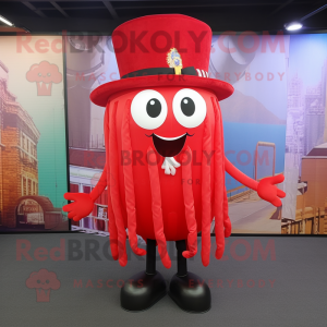 Red Jellyfish mascot costume character dressed with a Waistcoat and Keychains