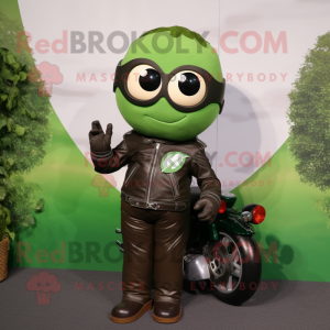 Forest Green Plum mascot costume character dressed with a Moto Jacket and Bracelet watches